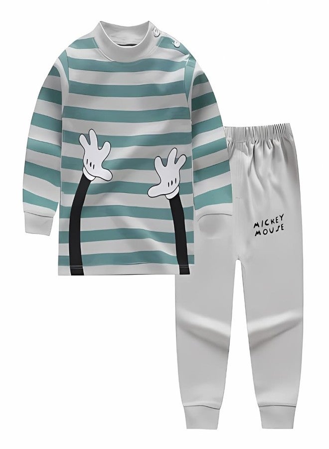Fommy Kid's Cotton Clothing Set - Striped T-Shirt & Pyjama, Stylish Baby Dress, Adorable Dress - Comfortable & Trendy (Greey, 1-2 Year), Grey - Image 1