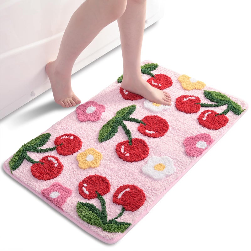 Anybar Pink Bathroom Rugs Cute Cherry Bath Mat Coloful Bathroom Accessories, Funny Flower Rug Non Slip Floor Mat, Machine Washable Bath Rug Soft Microfiber Carpet for Shower, Tub (18x26 inch) - Image 1