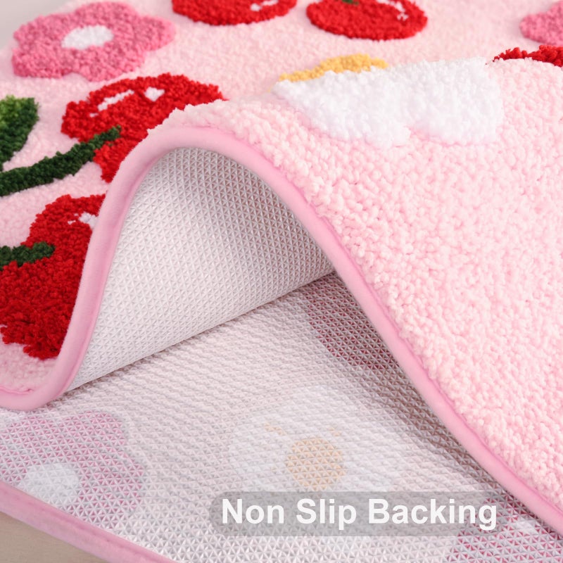 Anybar Pink Bathroom Rugs Cute Cherry Bath Mat Coloful Bathroom Accessories, Funny Flower Rug Non Slip Floor Mat, Machine Washable Bath Rug Soft Microfiber Carpet for Shower, Tub (18x26 inch) - Image 4