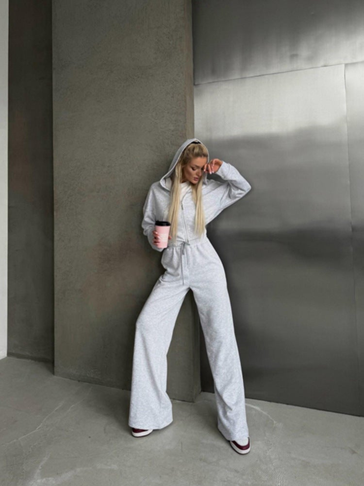 European and American Autumn New 2024 Casual Womens suit Long-sleeved Zipper Hoodie Solid Color Lace-up Pants Two-piece Set Light gray
