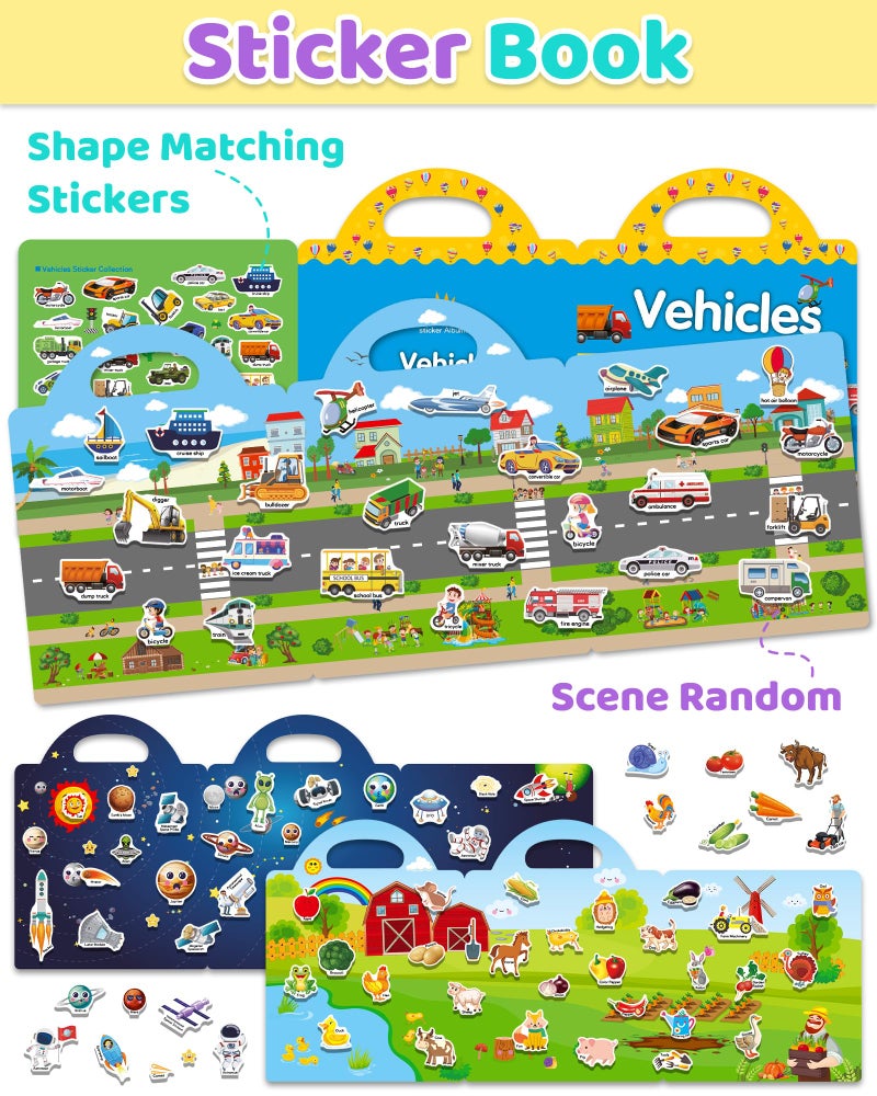 Benresive Reusable Sticker Books for Kids 2-4, Sticker Books for Toddlers 1-3, Toddler Sticker Book Age 2-4, Toddler Travel Toys Activities Crafts Gifts - Farm, Space and Vehicle - Image 2