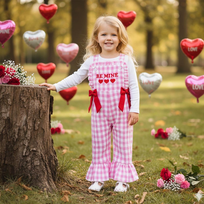 Rourufy Toddler Baby Girl Valentines Day Outfit Girls Plaid Overalls Pants Romper Kids Jumpsuit Kids Spring Summer Clothes (A Be Mine Plaid Pink, 2-3 Years) - Image 2