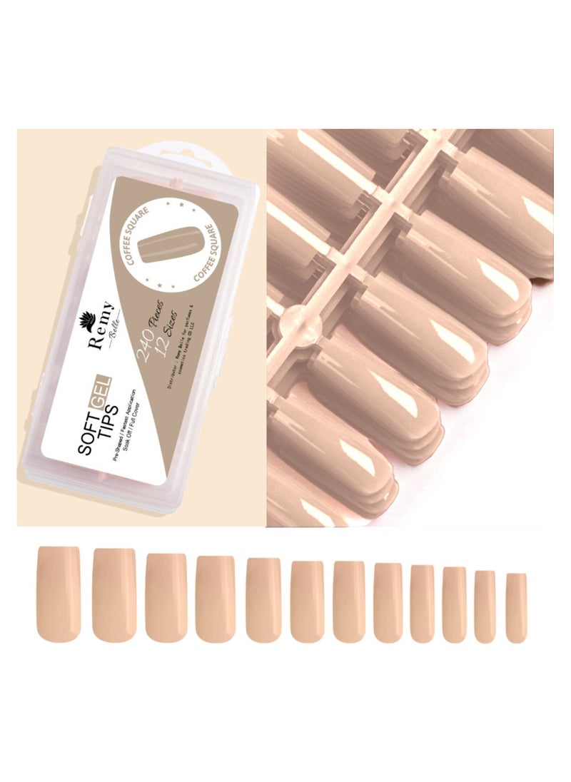 Remy Belle Soft Gel Full Cover Nail Tips Kit for Soak Off Extensions 240 Pcs of 12 Sizes (Coffee Square)  - Image 1