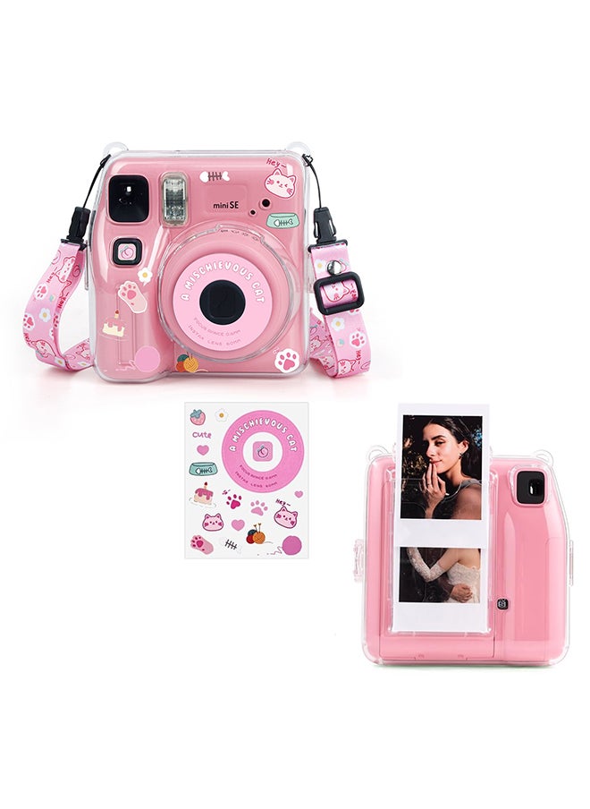 أو أوزون - حافظة شفافة لكاميرا Fujifilm Instax Mini SE الفورية | غطاء حماية صلب من البولي كربونات مع جيب فيلم + ملصق لطيف وحزام قابل للإزالة - شفاف - Image 1