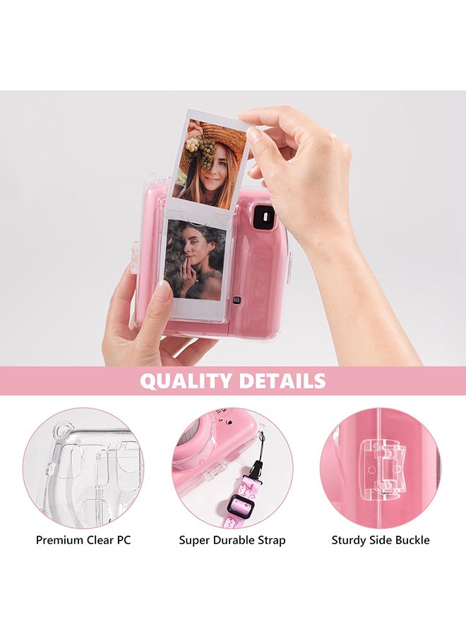 أو أوزون - حافظة شفافة لكاميرا Fujifilm Instax Mini SE الفورية | غطاء حماية صلب من البولي كربونات مع جيب فيلم + ملصق لطيف وحزام قابل للإزالة - شفاف - Image 1