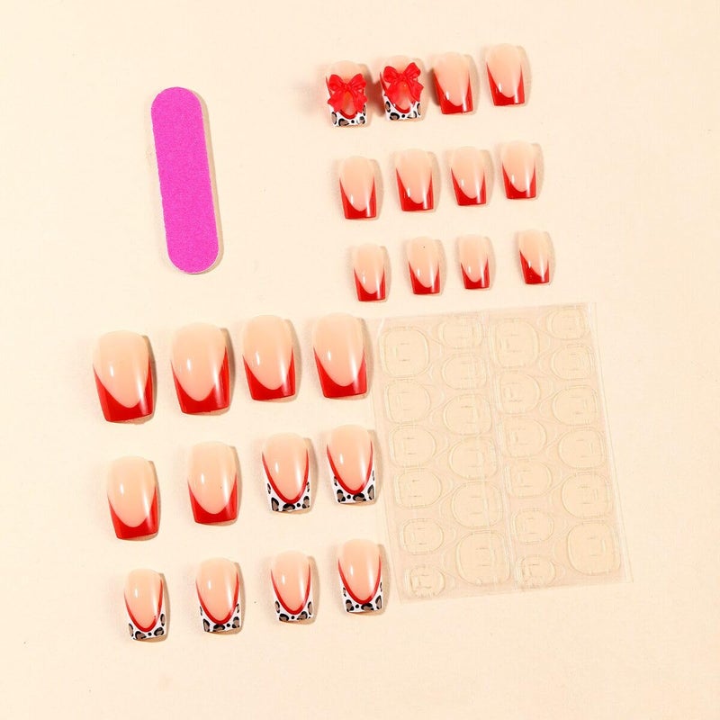 CTTHNBD Red Press on Nails Short - Square Fake Nails with Leopard Print Design - French Tip False Nails Press ons - for Women Christmas Manicure 24Pcs - Image 2
