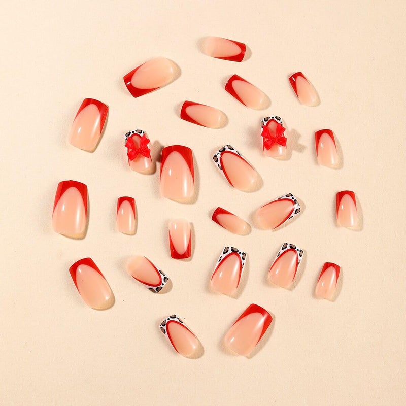 CTTHNBD Red Press on Nails Short - Square Fake Nails with Leopard Print Design - French Tip False Nails Press ons - for Women Christmas Manicure 24Pcs - Image 3