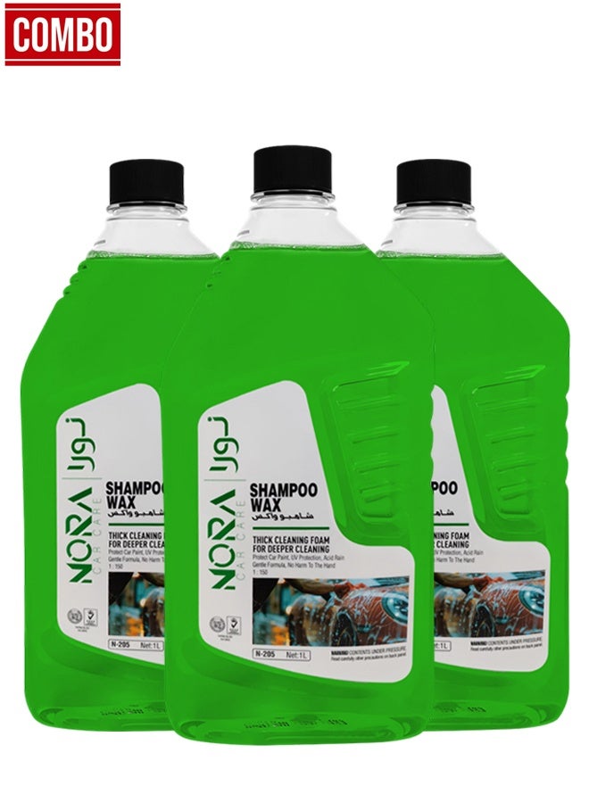 Nora Car Shampoo Wax N-205 1L 3PCS Thick Foam Car Wash Liquid, pH Balanced Color Safe Formula, Wax Protection & High Gloss Shine, 1:150 Concentrate, Foam Cannon & Bucket Wash Compatible, Exterior Body, Tyres, Plastic & Vinyl Cleaner - Image 1