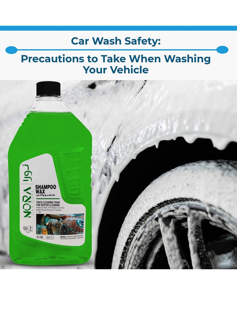 Nora Car Shampoo Wax N-205 1L 3PCS Thick Foam Car Wash Liquid, pH Balanced Color Safe Formula, Wax Protection & High Gloss Shine, 1:150 Concentrate, Foam Cannon & Bucket Wash Compatible, Exterior Body, Tyres, Plastic & Vinyl Cleaner - Image 2