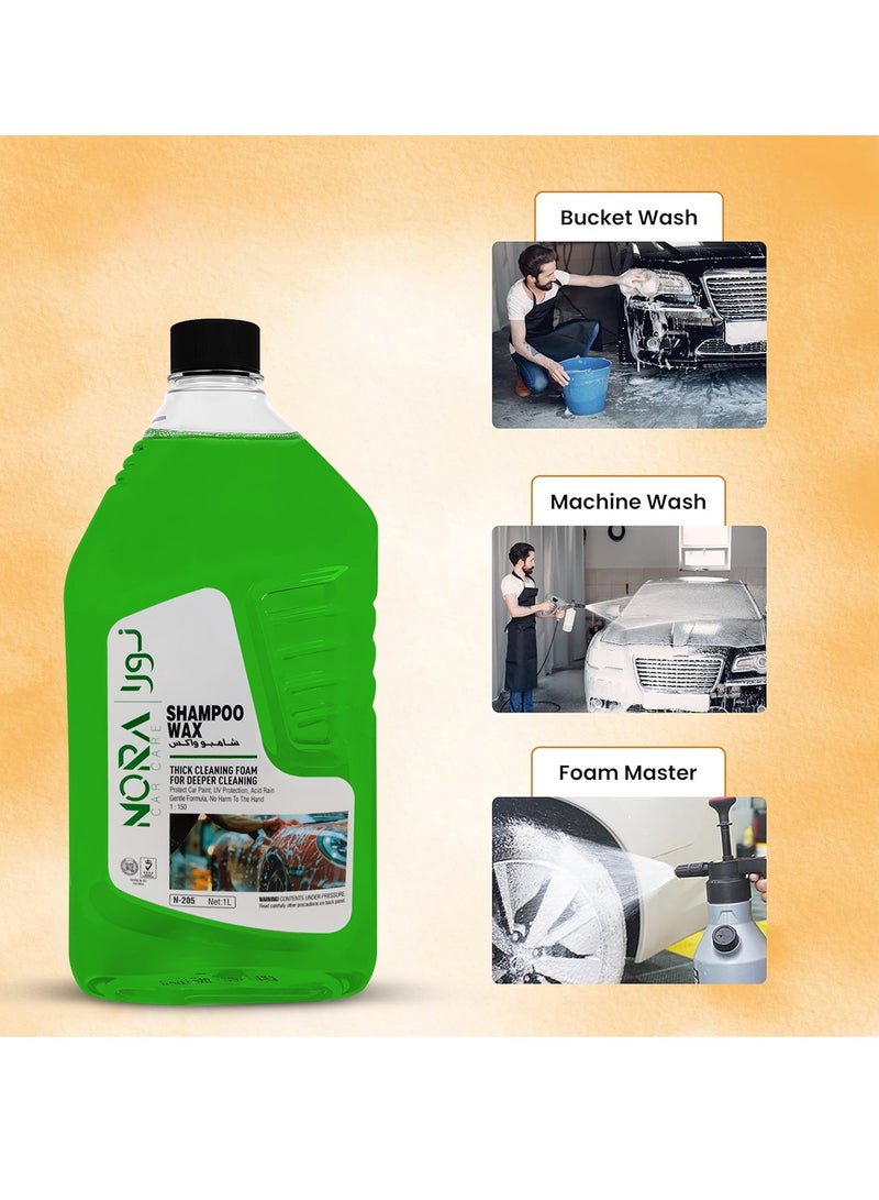 Nora Car Shampoo Wax N-205 1L 3PCS Thick Foam Car Wash Liquid, pH Balanced Color Safe Formula, Wax Protection & High Gloss Shine, 1:150 Concentrate, Foam Cannon & Bucket Wash Compatible, Exterior Body, Tyres, Plastic & Vinyl Cleaner - Image 3