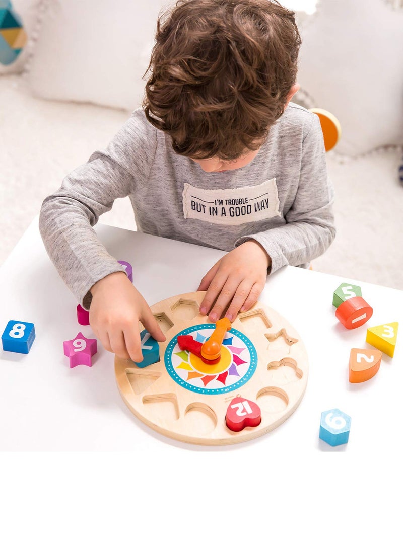 كلاسيك ورالد لعبة فرز الاشكال الخشبية تيك تاك بتصميم ساعة من 12 رقم للاطفال الصغار للتعليم المبكر، متعدد الألوان - Image 4