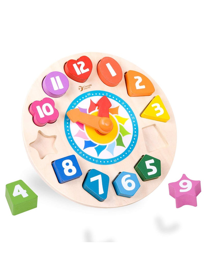 كلاسيك ورالد لعبة فرز الاشكال الخشبية تيك تاك بتصميم ساعة من 12 رقم للاطفال الصغار للتعليم المبكر، متعدد الألوان - Image 1