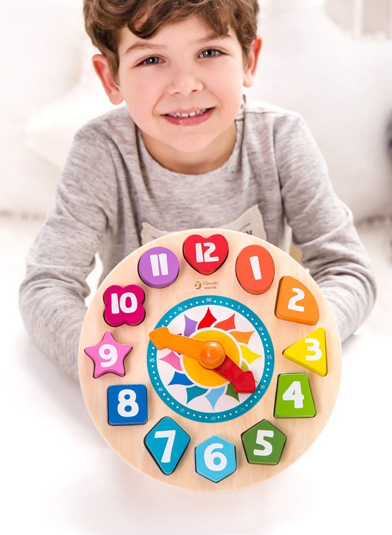 كلاسيك ورالد لعبة فرز الاشكال الخشبية تيك تاك بتصميم ساعة من 12 رقم للاطفال الصغار للتعليم المبكر، متعدد الألوان - Image 2