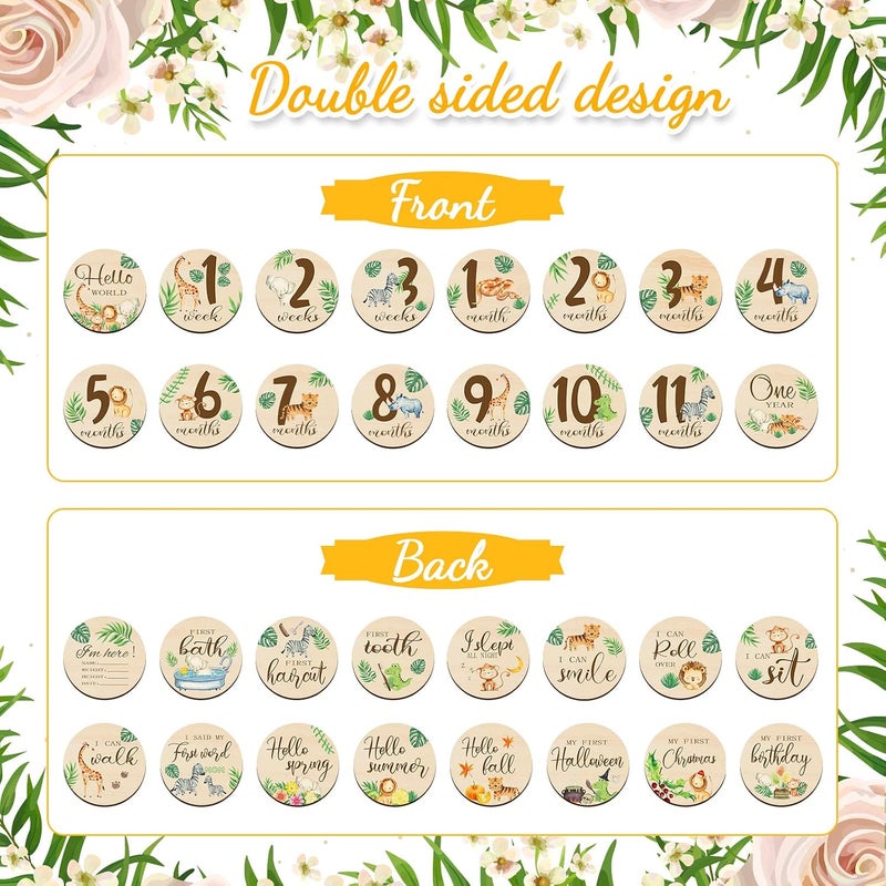 Al Raied ARS® 16 Pieces Wooden Baby Monthly Milestone Cards - Double Sided Milestone Marker Discs for Newborn Photo Props - Image 3