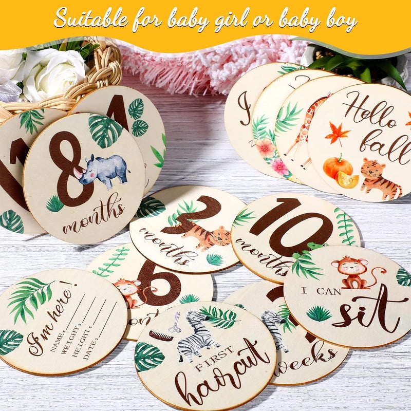 Al Raied ARS® 16 Pieces Wooden Baby Monthly Milestone Cards - Double Sided Milestone Marker Discs for Newborn Photo Props - Image 4