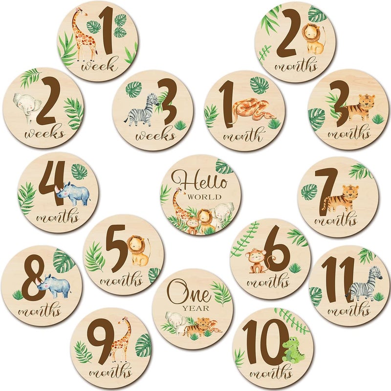 Al Raied ARS® 16 Pieces Wooden Baby Monthly Milestone Cards - Double Sided Milestone Marker Discs for Newborn Photo Props - Image 1