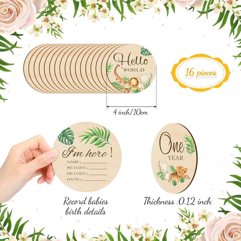 Al Raied ARS® 16 Pieces Wooden Baby Monthly Milestone Cards - Double Sided Milestone Marker Discs for Newborn Photo Props - Image 2