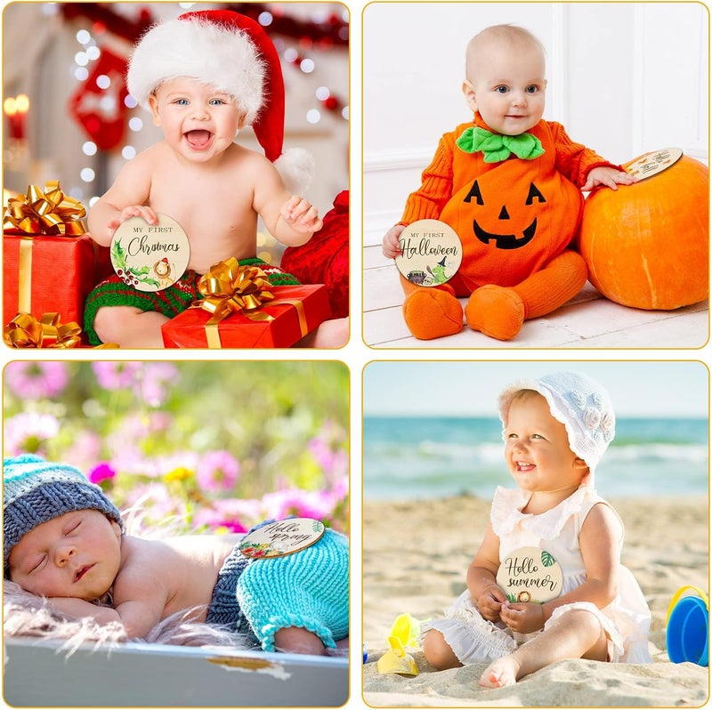 Al Raied ARS® 16 Pieces Wooden Baby Monthly Milestone Cards - Double Sided Milestone Marker Discs for Newborn Photo Props - Image 5