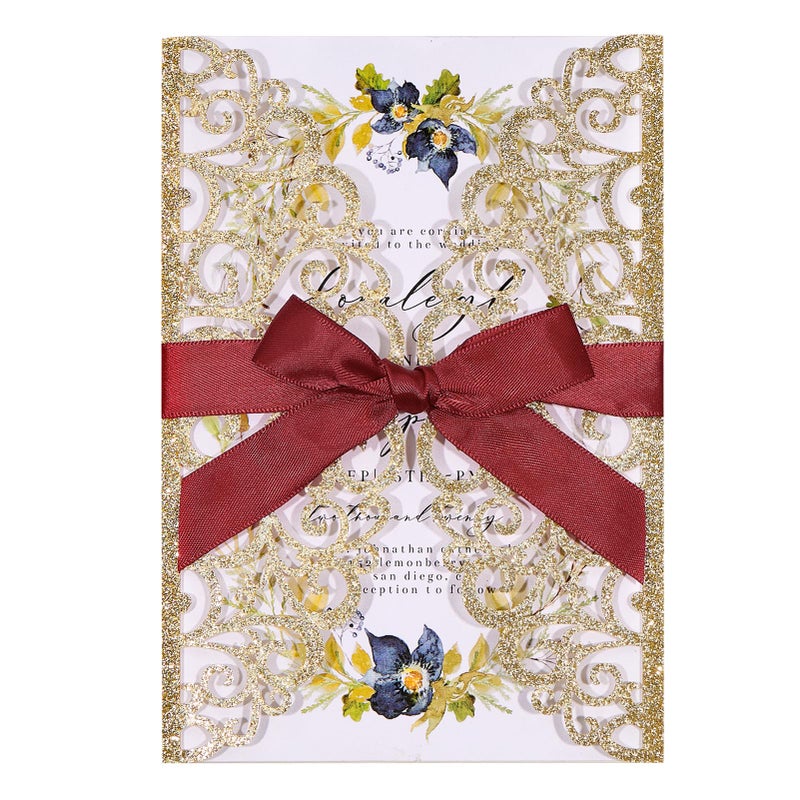 Mabbcoo 50Pcs Gold Glitter Wedding Invitations With Envelopes and RSVP Cards and Burgundy Ribbon Laser Cut Invitation Kits For Wedding Bridal Shower Quinceanera Invite