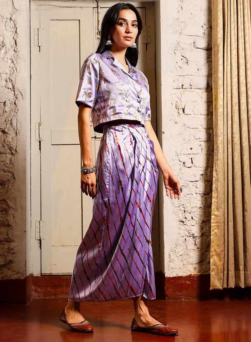 Qissa Women's Lavender Indie Palm Co-Ord Set For Casual Wear | Cuban Collar | Short Sleeve | 2 Piece Co-Ords Designed With Comfort Fit For Everyday Ethnic Wear - Image 3