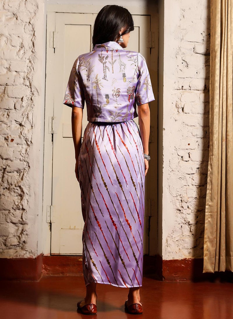 Qissa Women's Lavender Indie Palm Co-Ord Set For Casual Wear | Cuban Collar | Short Sleeve | 2 Piece Co-Ords Designed With Comfort Fit For Everyday Ethnic Wear - Image 5