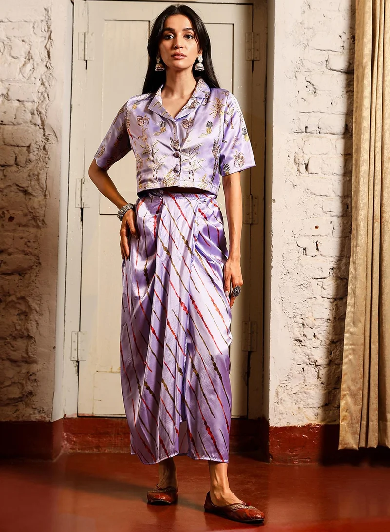 QISSA Qissa Women's Lavender Indie Palm Co-Ord Set For Casual Wear | Cuban Collar | Short Sleeve | 2 Piece Co-Ords Designed With Comfort Fit For Everyday Ethnic Wear