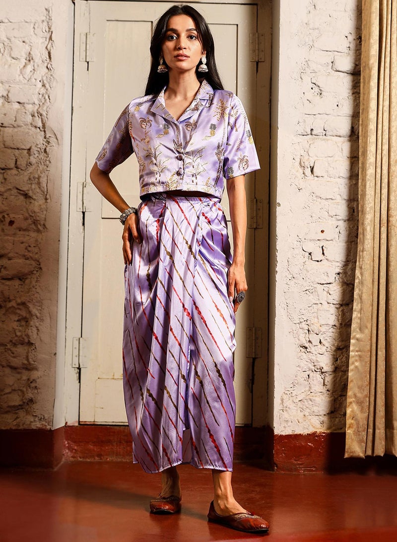 Qissa Women's Lavender Indie Palm Co-Ord Set For Casual Wear | Cuban Collar | Short Sleeve | 2 Piece Co-Ords Designed With Comfort Fit For Everyday Ethnic Wear - Image 2