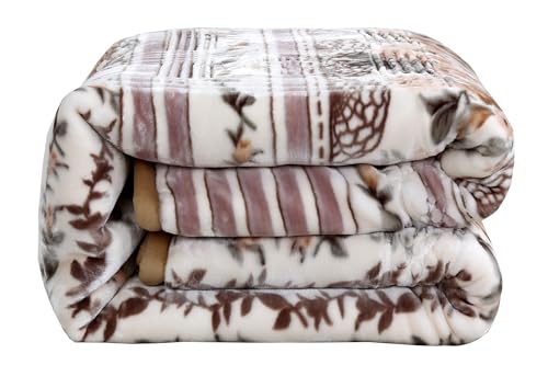 Nestl 9 Lbs Velvet Fleece Queen Size Blanket - 2 Ply Heavy & Warm Korean Style - Reversible Printed Raschel - Wrinkle & Fade Resistant - 79 x 94 Inches - Beige - Image 2