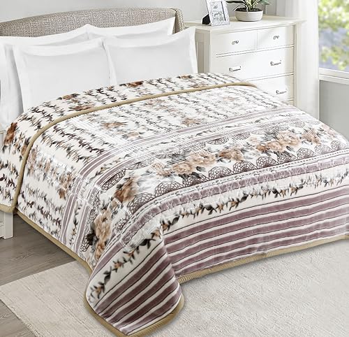 Nestl 9 Lbs Velvet Fleece Queen Size Blanket - 2 Ply Heavy & Warm Korean Style - Reversible Printed Raschel - Wrinkle & Fade Resistant - 79 x 94 Inches - Beige - Image 1