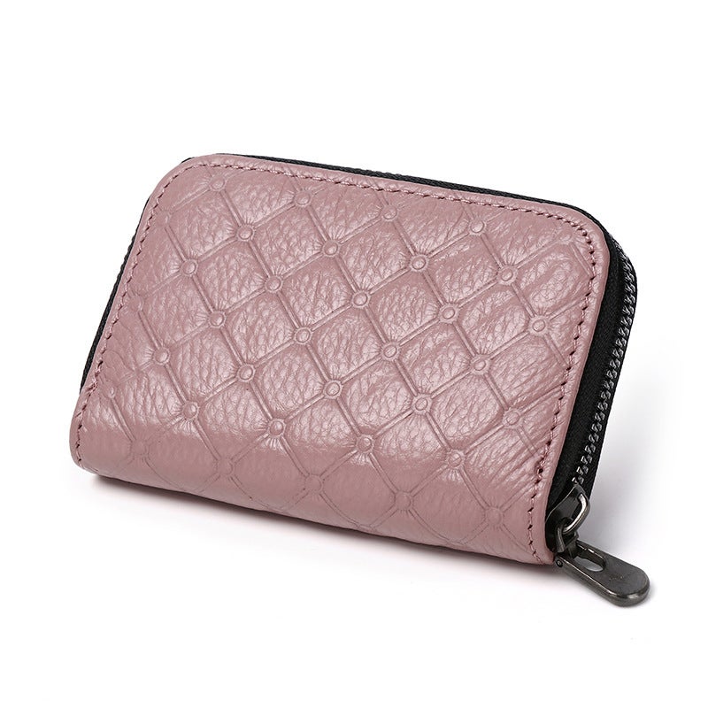 Genuine Leather Card Holder Unisex Slim RFID Blocking Wallet Plaid Pink