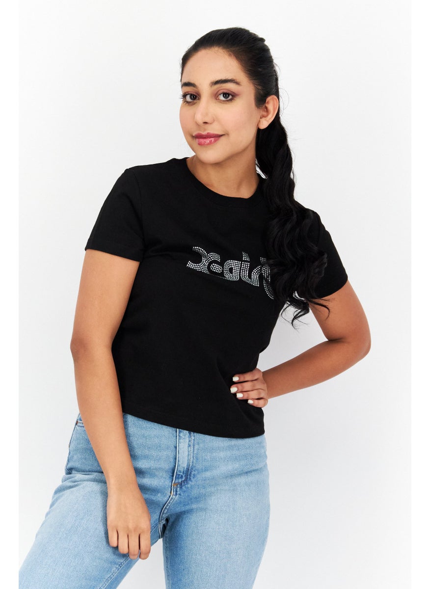 X-Girl Women Crew Neck Short Sleeves Brand Logo T-shirt, Black  - Image 1