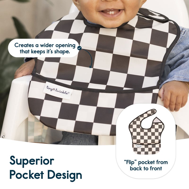 Tiny Twinkle Mess-Proof Baby Bib - Waterproof Bib for Baby Boy or Girl - Machine Washable - Adjustable Closure - PVC, BPA, & Phthalate Free - Great for Travel - Baby Food Bibs (3 Pack, Checkers Boy) - Image 4