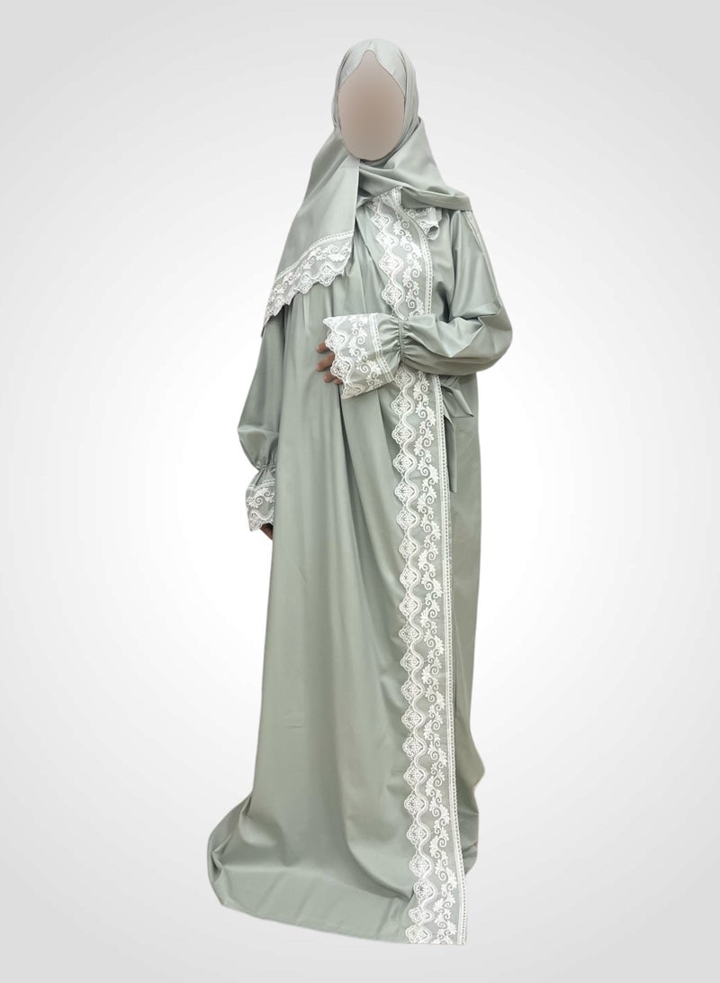 AL-HRAER A Very Soft And Comfortable Prayer Dress With Embroidery Lace Trim Consisting Of One Piece Includes a Veil And It Covers The Whole Body With A Uniform And Wide Size Suitable For All Bodies - Image 1