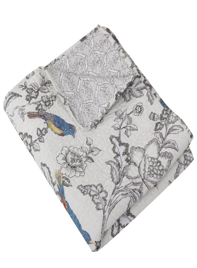 Levtex Home - Mockingbird - Quilted Throw - 50x60in. - Grey Toile with Birds and Butterflies - Reversible Pattern - Cotton - Image 1