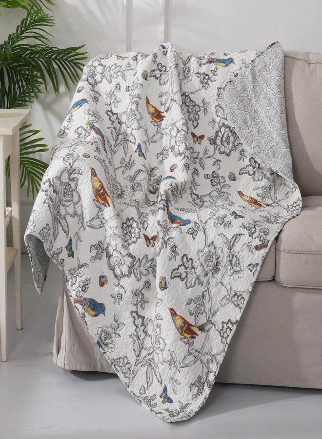 Levtex Home - Mockingbird - Quilted Throw - 50x60in. - Grey Toile with Birds and Butterflies - Reversible Pattern - Cotton - Image 2