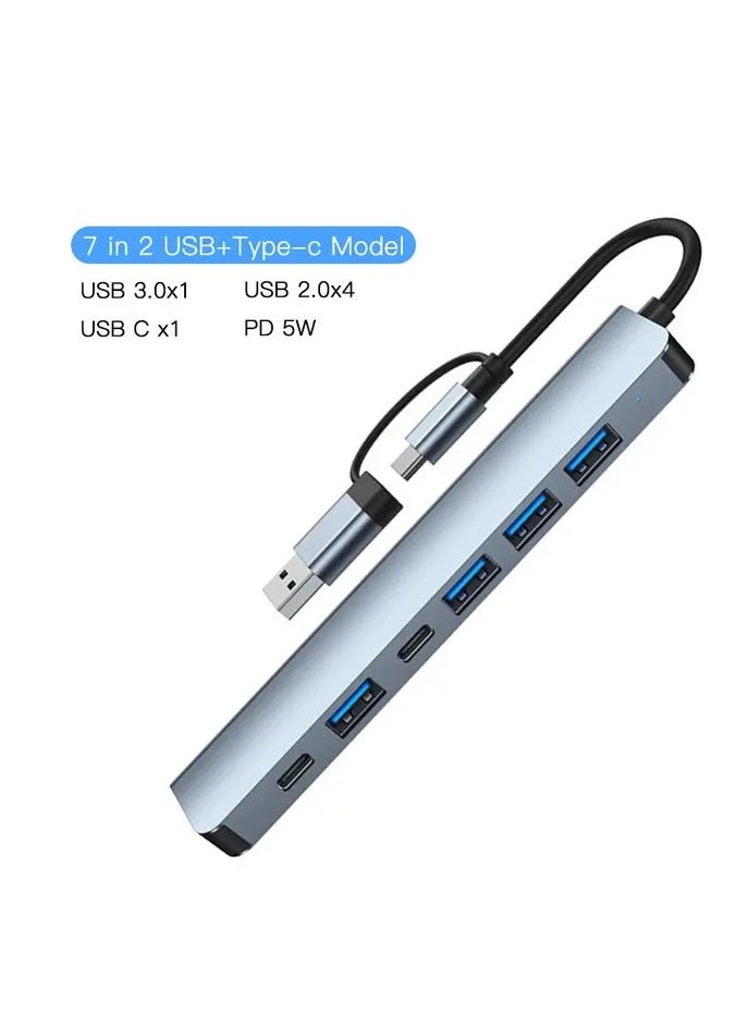 Digital Home USB C + USB Type A Hub 7 in1, USB C Adapter with Two USB-C Ports, USB 3.0, Compatible with MacBook Pro & Air USB C Laptop and Other Type C Devices  - Image 1