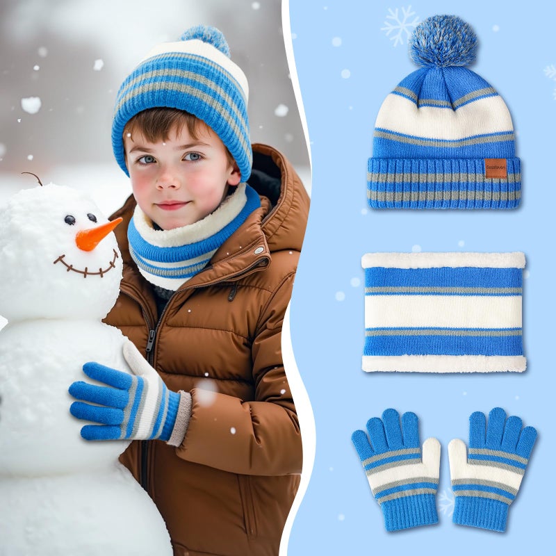 Bessteven Kids Winter Hat Gloves Scarf Set: Hats Beanie Scarf Gloves Set with Thick Warm Fleece Lined For Ages 6-10 Girls Boys Cycling Winter Accessories - Blue - Image 2