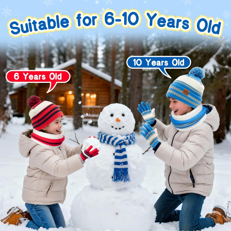 Bessteven Kids Winter Hat Gloves Scarf Set: Hats Beanie Scarf Gloves Set with Thick Warm Fleece Lined For Ages 6-10 Girls Boys Cycling Winter Accessories - Blue - Image 5