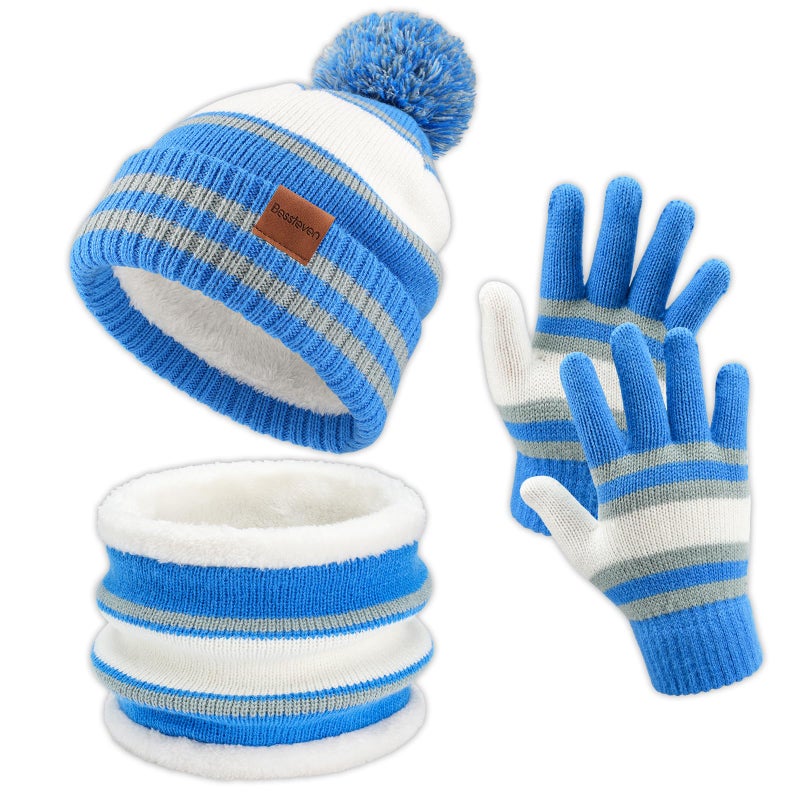 Bessteven Kids Winter Hat Gloves Scarf Set: Hats Beanie Scarf Gloves Set with Thick Warm Fleece Lined For Ages 6-10 Girls Boys Cycling Winter Accessories - Blue - Image 1