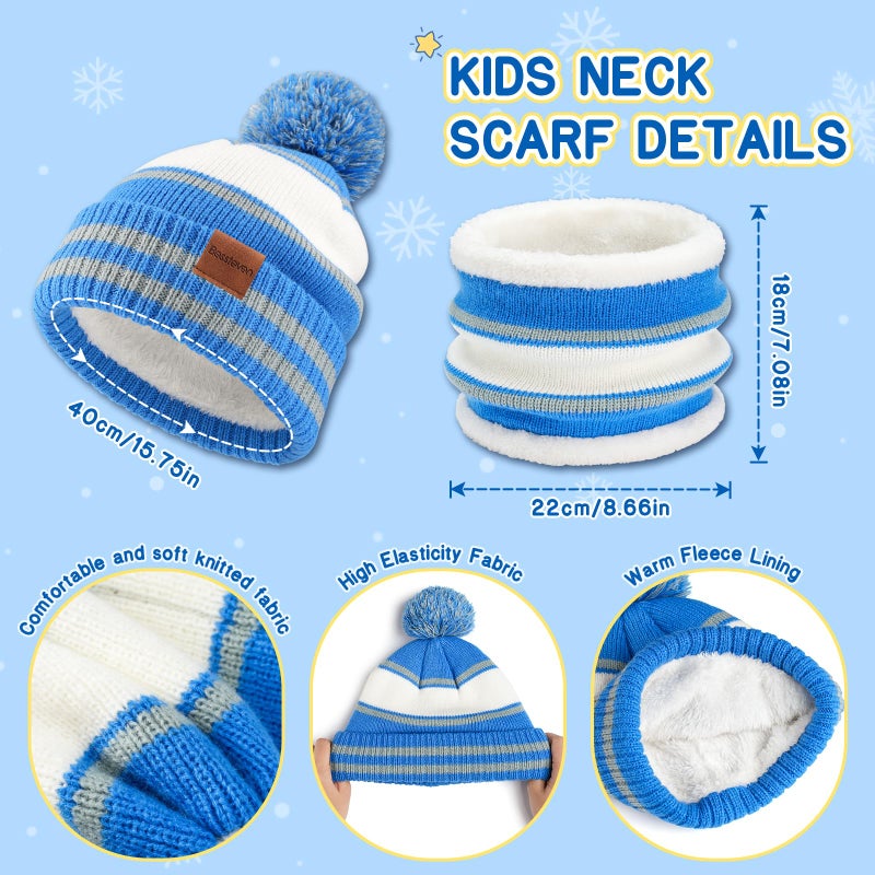 Bessteven Kids Winter Hat Gloves Scarf Set: Hats Beanie Scarf Gloves Set with Thick Warm Fleece Lined For Ages 6-10 Girls Boys Cycling Winter Accessories - Blue - Image 3