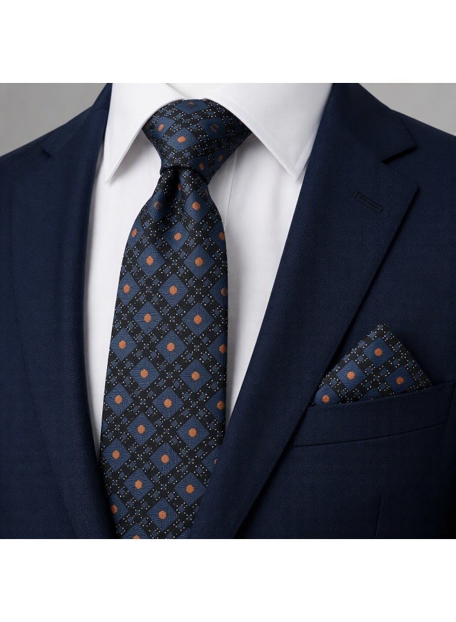 Men’s Black and Navy Blue Geometric Necktie with Matching Pocket Square – 2-Piece Formal Set - Image 5