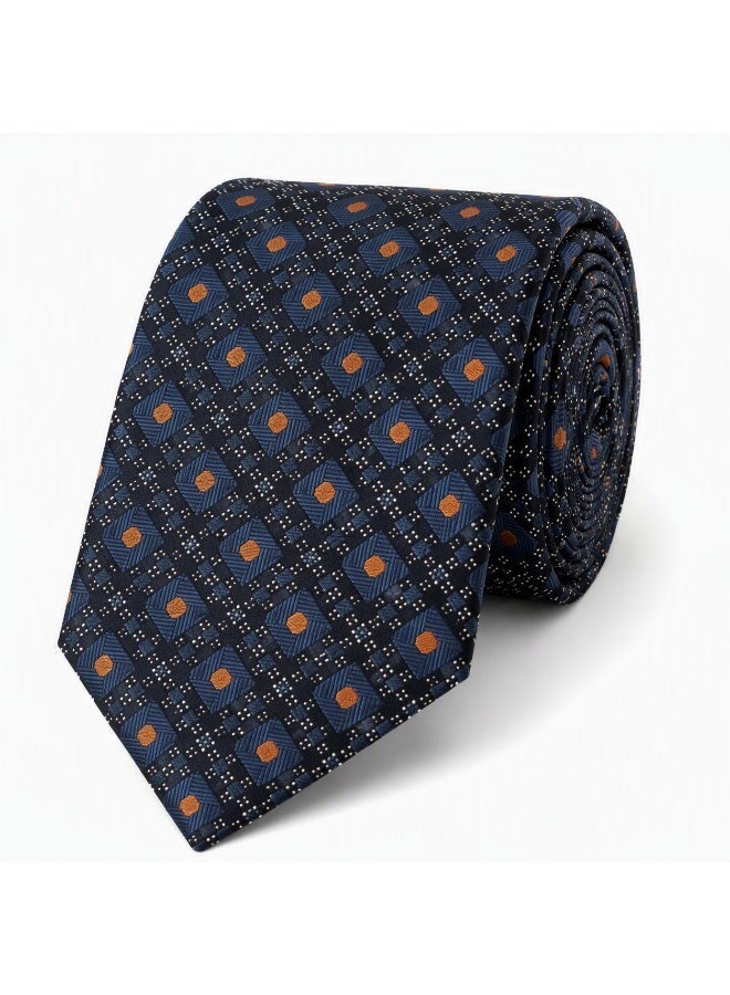 Men’s Black and Navy Blue Geometric Necktie with Matching Pocket Square – 2-Piece Formal Set - Image 2