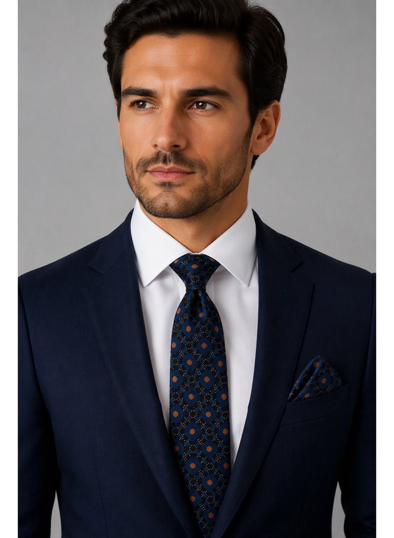 Men’s Black and Navy Blue Geometric Necktie with Matching Pocket Square – 2-Piece Formal Set - Image 1