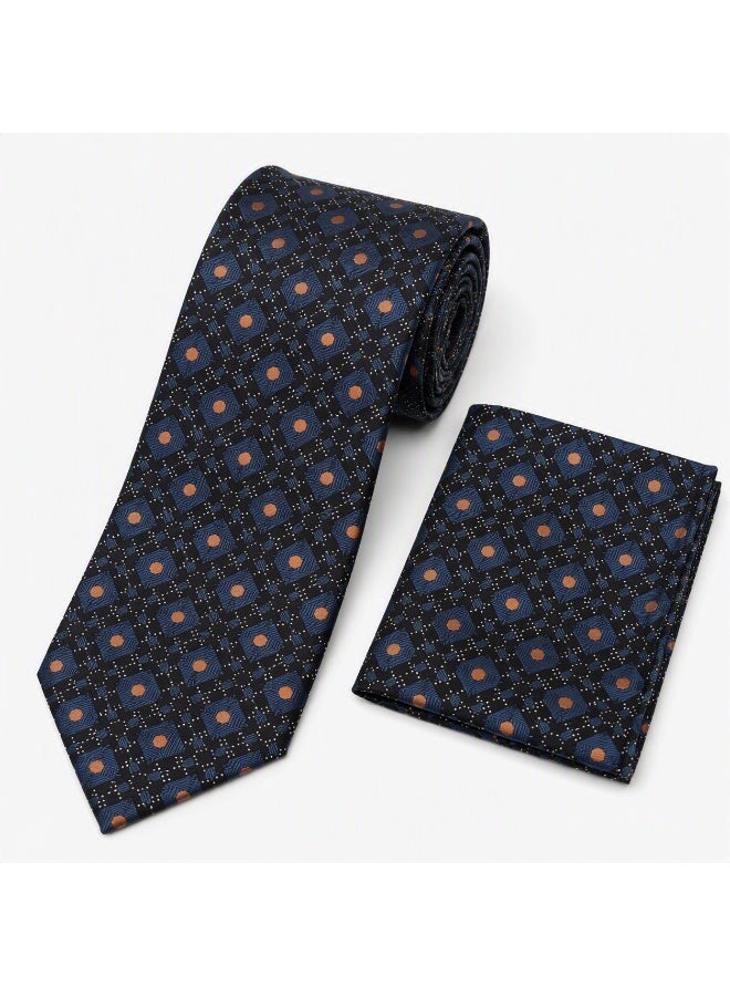 Men’s Black and Navy Blue Geometric Necktie with Matching Pocket Square – 2-Piece Formal Set - Image 3