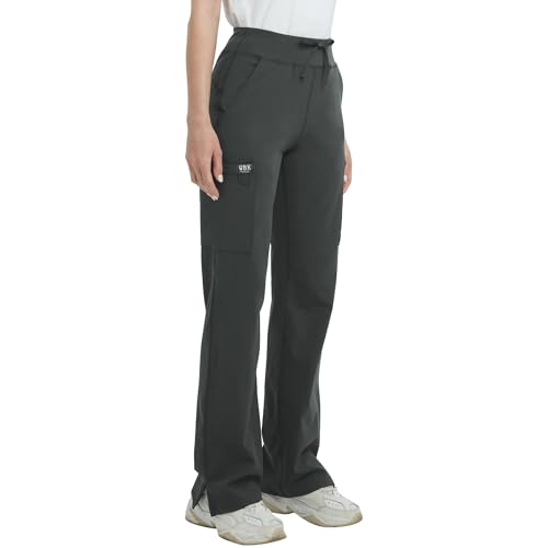 QBK High Rise Yoga Scrub Pants Women Straight Wide Leg Uniform Pants with Cargo Pocket AntiWrinkle Knit Yoga Waistband Regular Grey M - Image 1