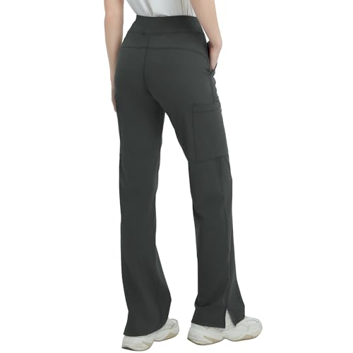 QBK High Rise Yoga Scrub Pants Women Straight Wide Leg Uniform Pants with Cargo Pocket AntiWrinkle Knit Yoga Waistband Regular Grey M - Image 3