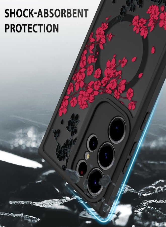 أو أو كيه جراب OOK مناسب لهاتف سامسونج جالاكسي S23 ألترا 6.8 بوصة (متوافق مع الشحن اللاسلكي) بتصميم زهور حمراء، غطاء هاتف شفاف، مصنوع من مادة TPU ناعمة + مادة PC صلبة، مقاوم للخدش والصدمات، جراب مغناطيسي للنساء - Image 4