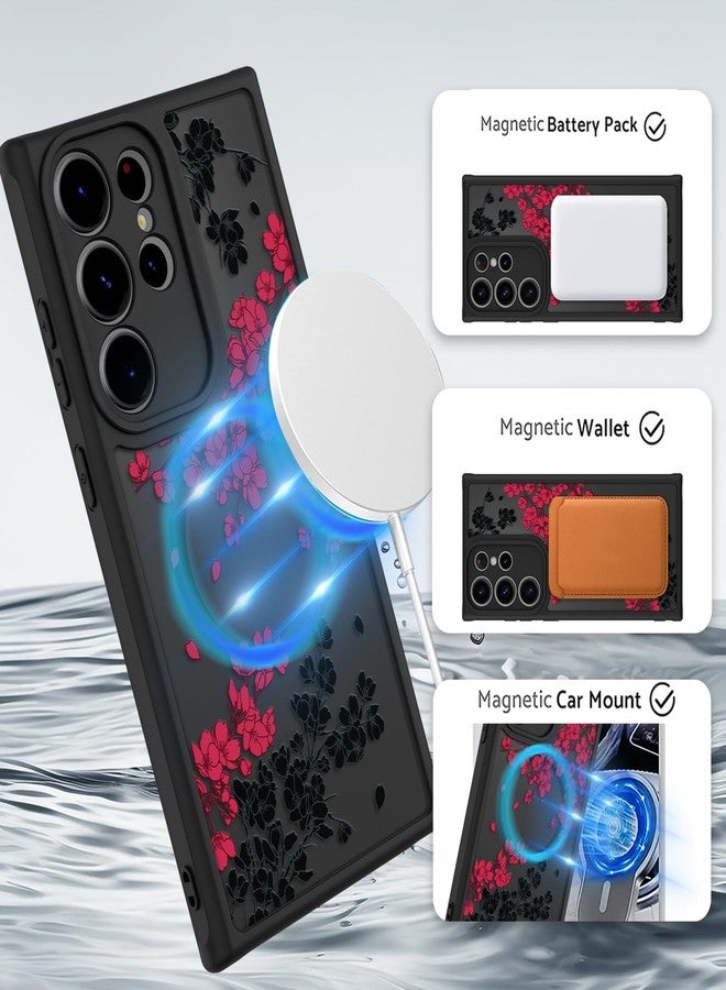 أو أو كيه جراب OOK مناسب لهاتف سامسونج جالاكسي S23 ألترا 6.8 بوصة (متوافق مع الشحن اللاسلكي) بتصميم زهور حمراء، غطاء هاتف شفاف، مصنوع من مادة TPU ناعمة + مادة PC صلبة، مقاوم للخدش والصدمات، جراب مغناطيسي للنساء - Image 2