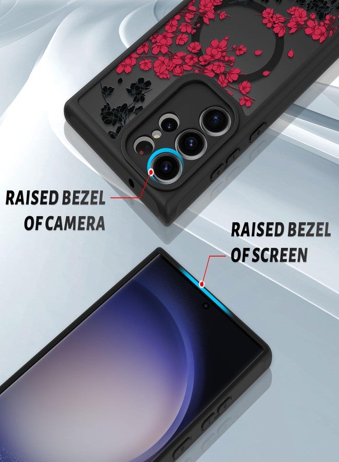 أو أو كيه جراب OOK مناسب لهاتف سامسونج جالاكسي S23 ألترا 6.8 بوصة (متوافق مع الشحن اللاسلكي) بتصميم زهور حمراء، غطاء هاتف شفاف، مصنوع من مادة TPU ناعمة + مادة PC صلبة، مقاوم للخدش والصدمات، جراب مغناطيسي للنساء - Image 3