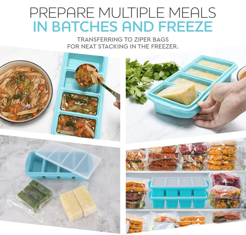 XOMOO Silicone Freezer Tray With Lid - Soup Freezer Container molds - Large Ice Cube Tray- makes 8 perfect 1 cup portions cubes, 2-Pack Freezer Storage Food Soups & Meal Prep - Oven & Dishwasher -Safe - Image 2